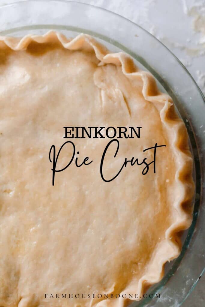 Overhead photo of einkorn pie crust used in a pie with double crust. The pie is in a glass pie dish on a white and gray quartz counter