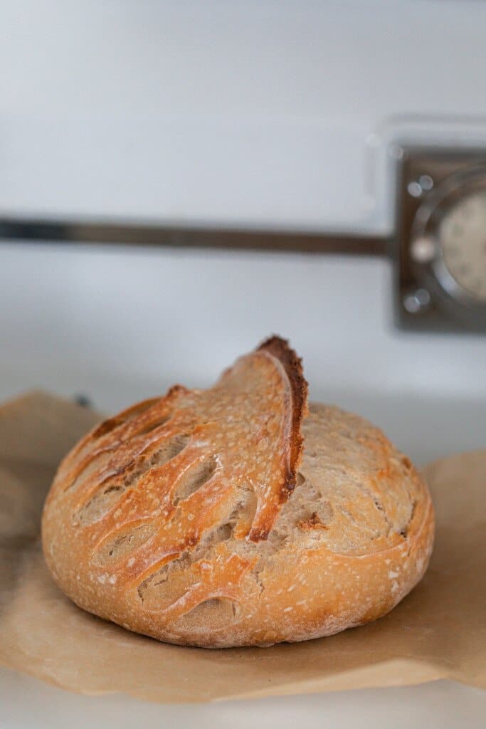 loaf of sourdough bread scored with a wheat pattern and half moon on parchment paper resting on a white vintage stove