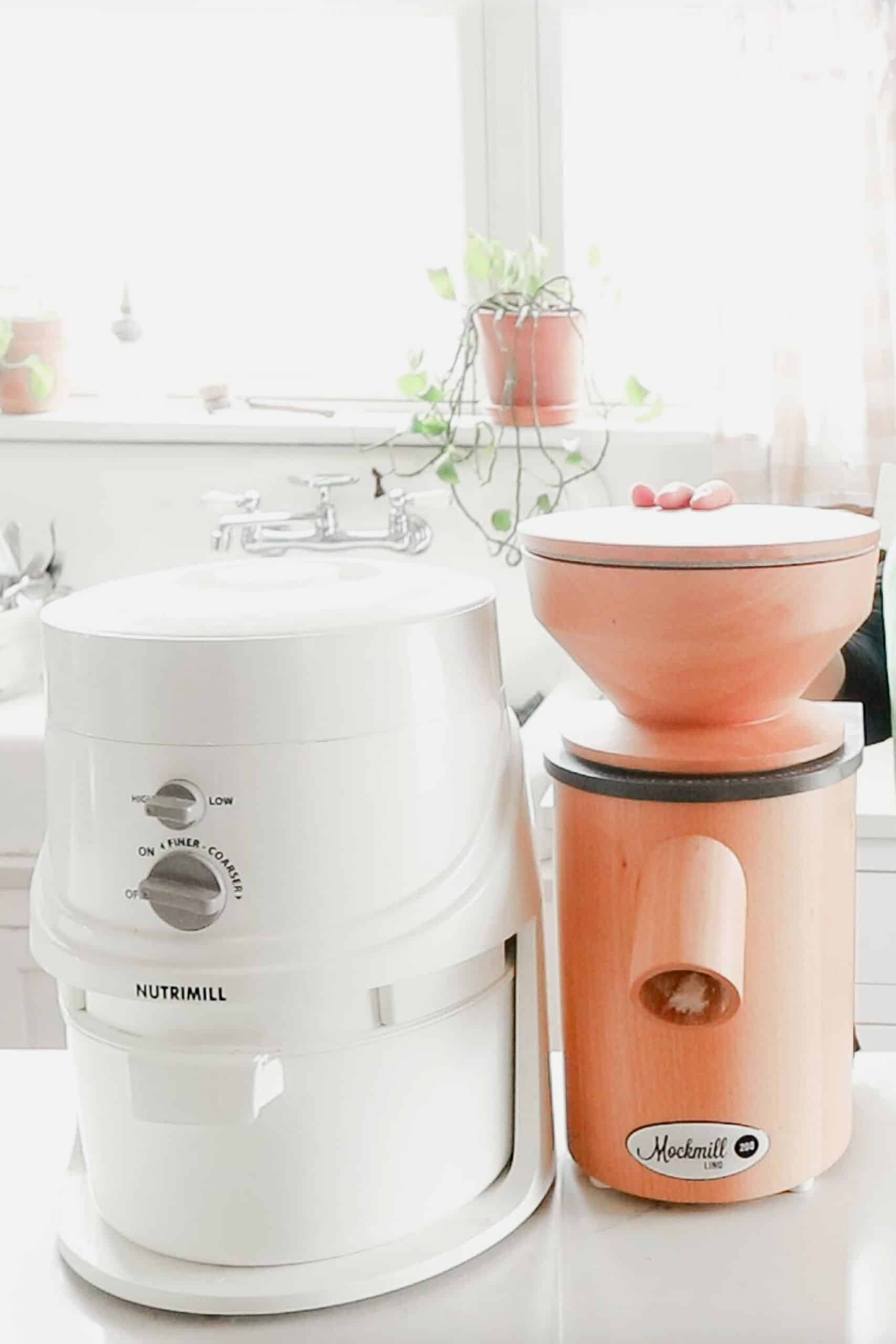 nutrimill and mockmill mills on a white countertop