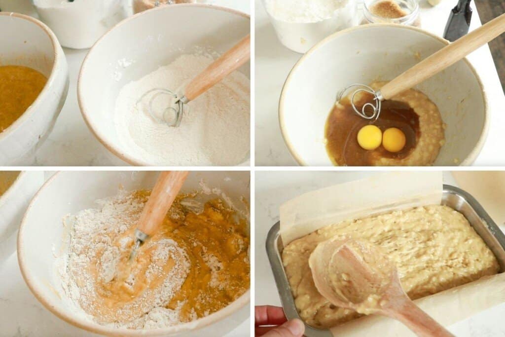 four pictures of sourdough banana bread batter being mixed up in a white stoneware bowl with a danish whisk