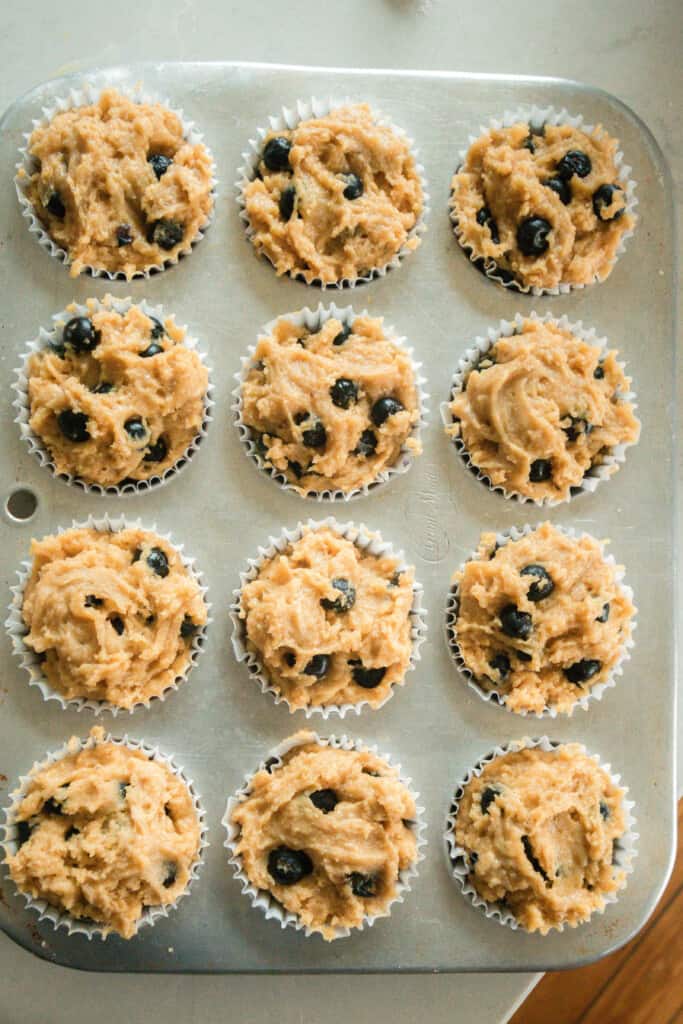 sourdough blueberry muffin batter in lined muffin tin