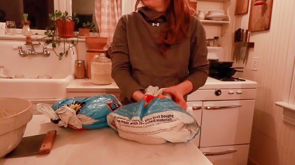 woman using a Aldi grocery bag to cover two baskets of sourdough bread dough