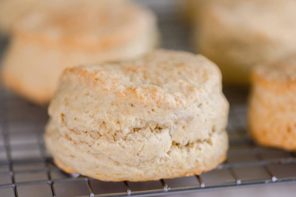 close up of a biscuit on a wire rack with more biscuits behind