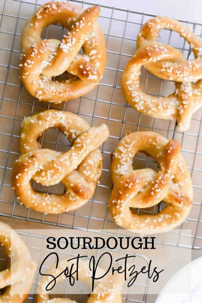 overhead photo of six sourdough pretzels on a wire cooling rack