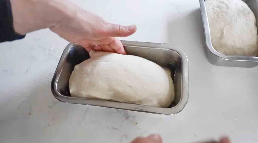 adding sourdough sandwich bread dough to a greased loaf pan on a white countertop