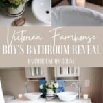 collage of pictures of a victorian farmhouse bathroom remodel