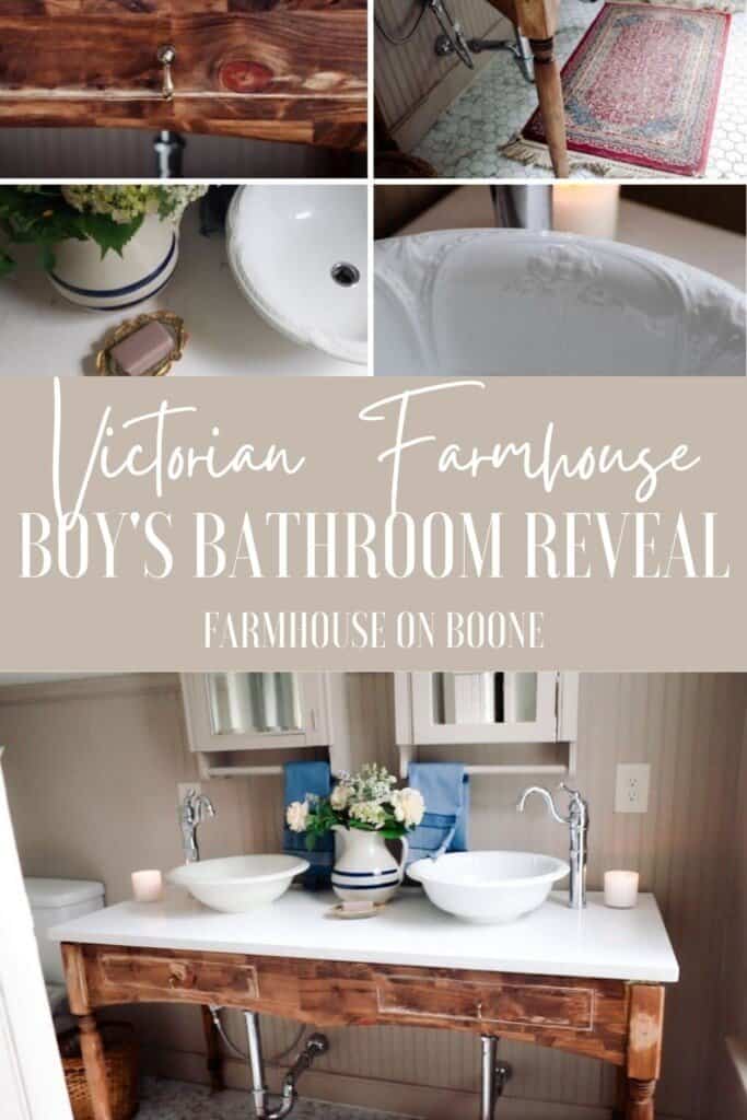 collage of pictures of a victorian farmhouse bathroom remodel