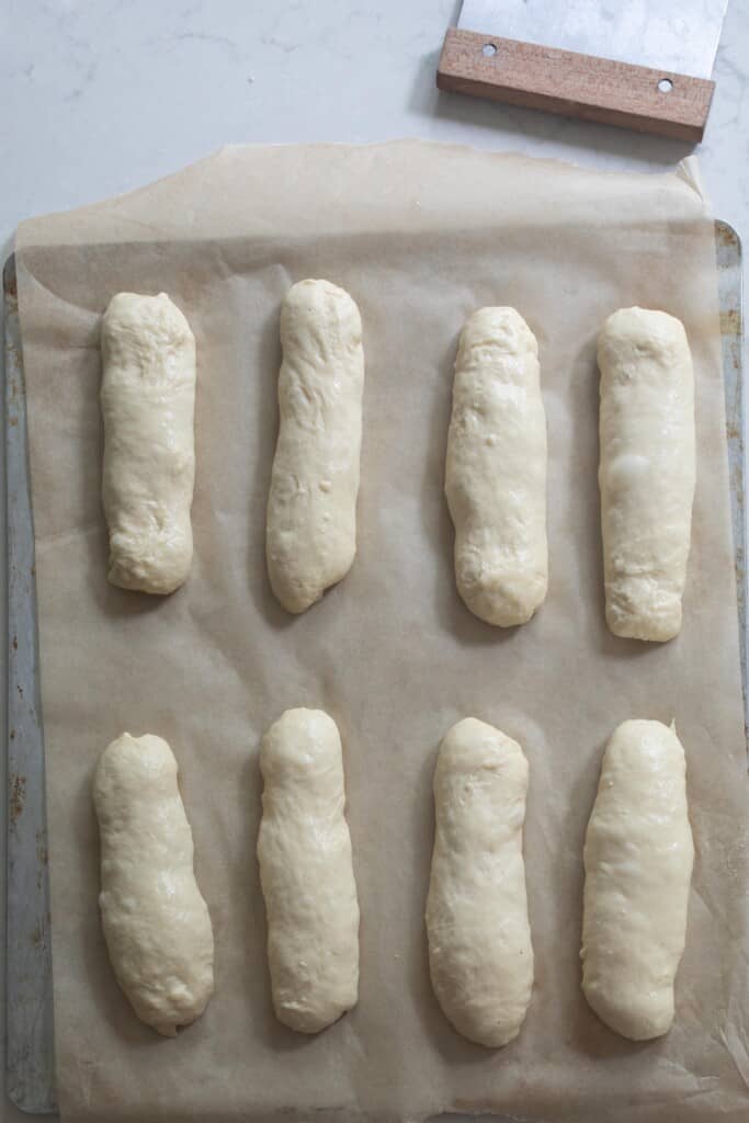 sourdough hot dot buns shaped and placed on parchment lined baking sheets