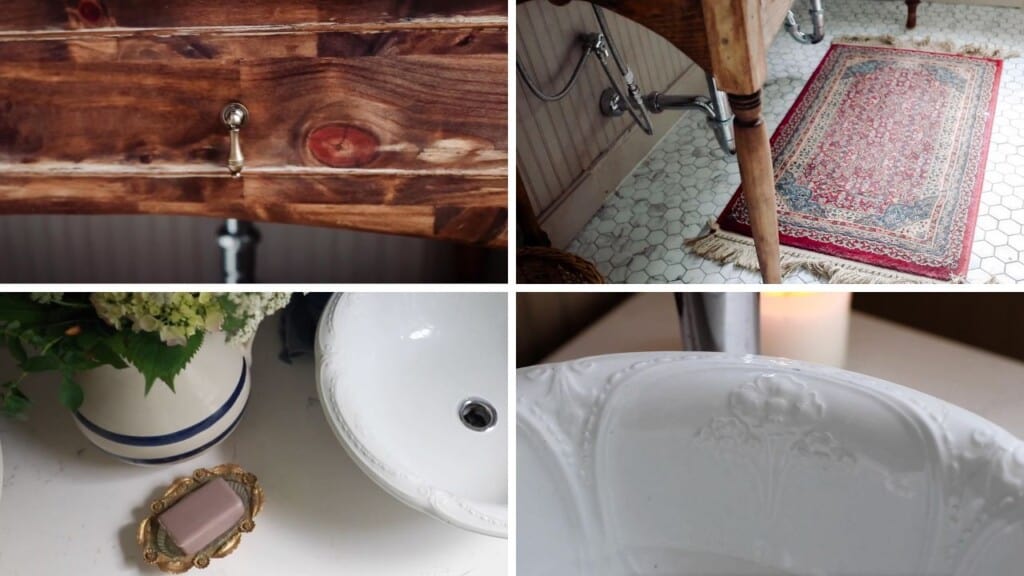 collage of pictures of an Victorian farmhouse bathroom