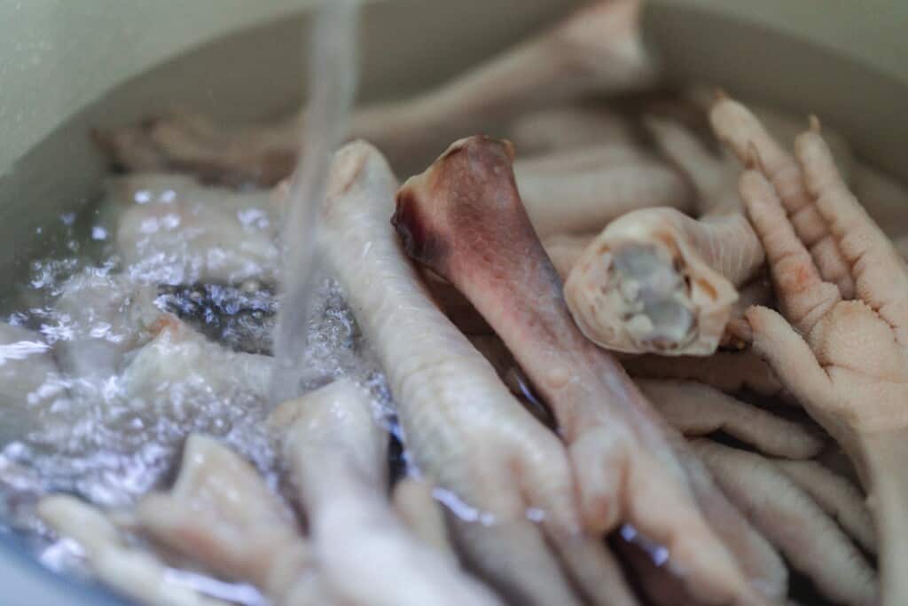 water being added to a pot of chicken feet