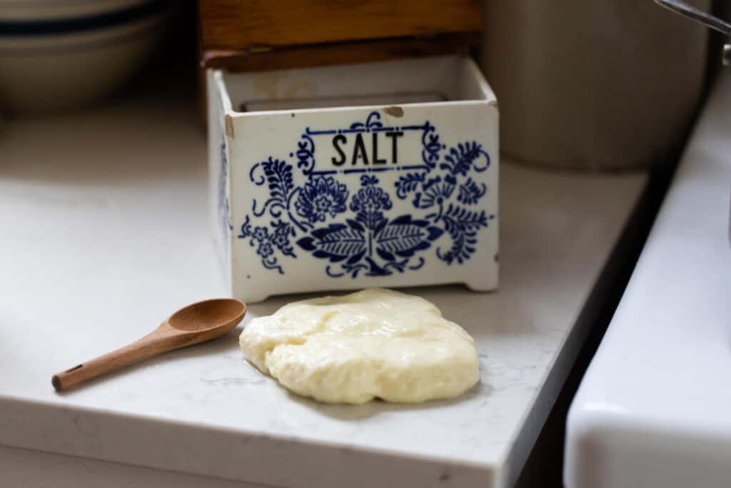 fresh mozzarella cheese on a white countertop with a wooden spoon and a blue and white decorative salt box