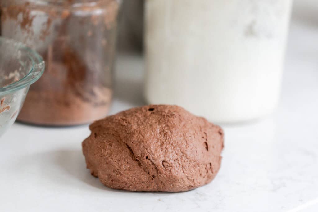 chocolate dough on a white countertop