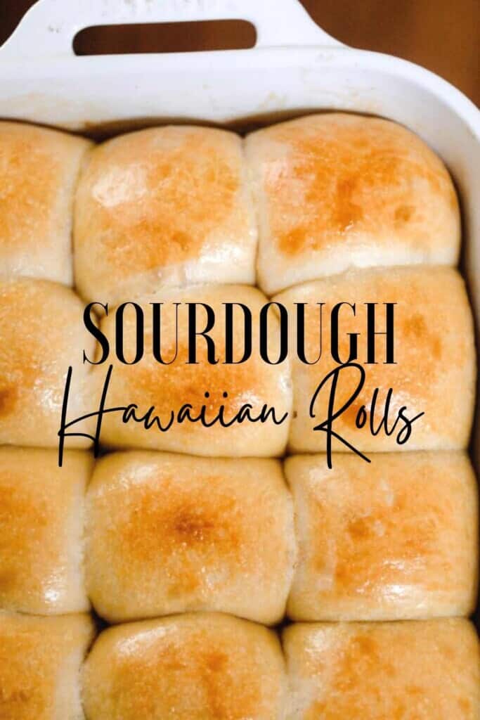 sourdough Hawaiian rolls baked in a white ceramic baking dish