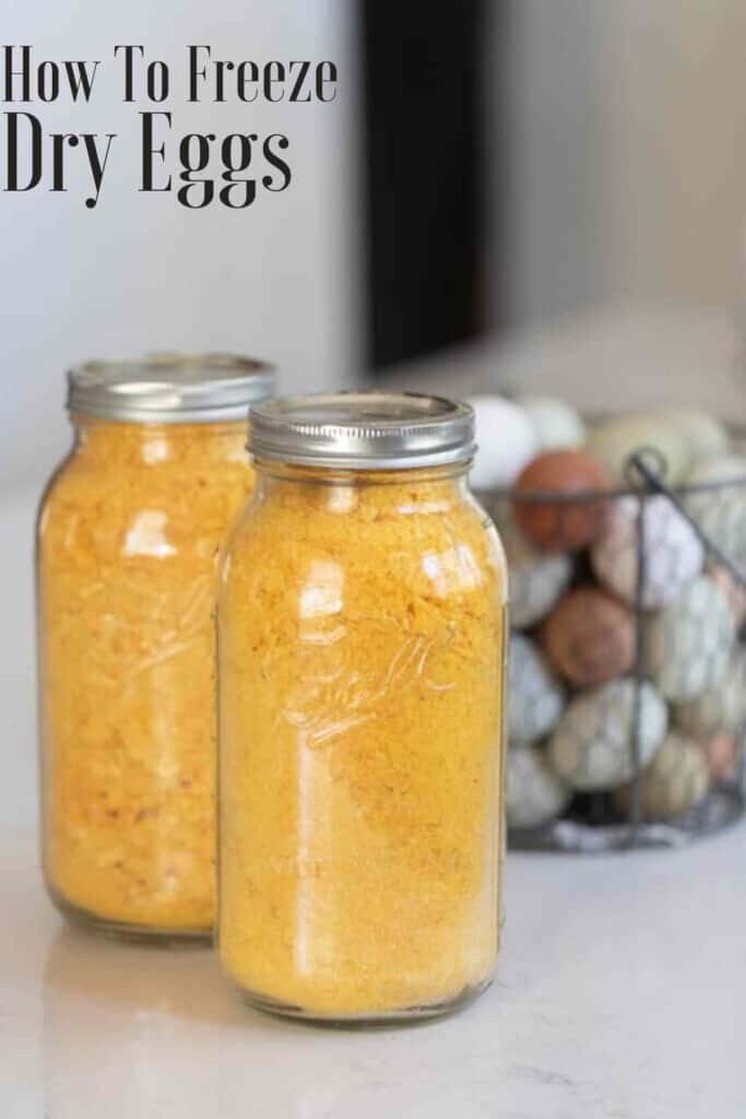 two jars of freeze dried eggs on a countertop with a basket full of eggs behind it