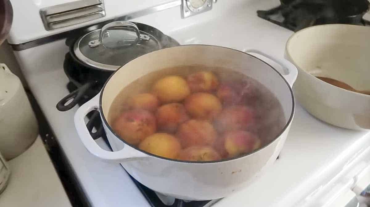 Peaches in a white Dutch oven filled with water on a white stove.