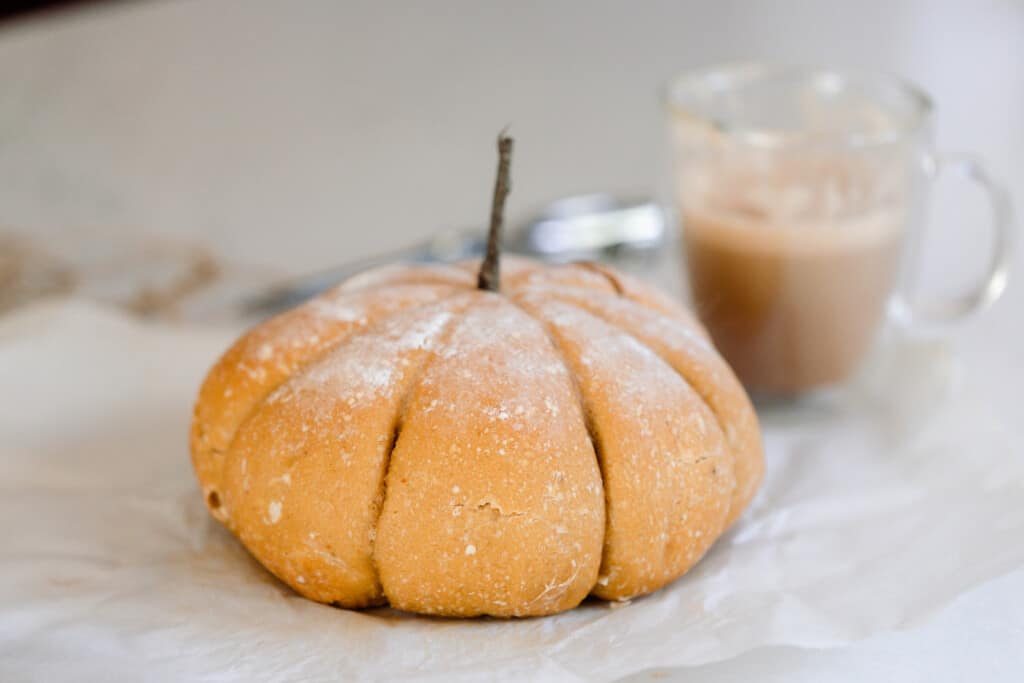 a loaf of sourdough bread in the shape of a pumpkin