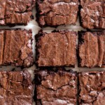 fudgy sourdough brownies cut into 9 squares on parchment paper.