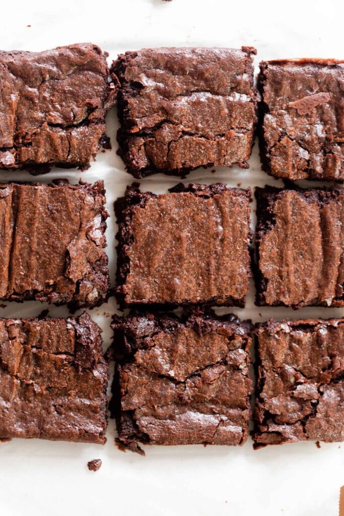 fudgy sourdough brownies cut into 9 squares on parchment paper.