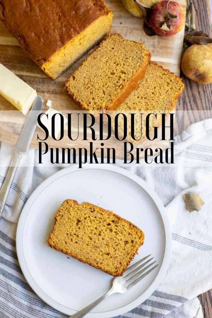 overhead photo of a slice of sourdough pumpkin bread on a cream colored plate with a fork on a white and blue stripped towel. A cutting board with the rest of the loaf and slices and a stick of butter with a vintage knife is behind the plate