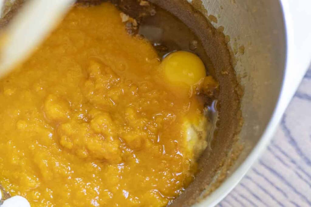 pumpkin puree, eggs, sugar, butter, sourdough starter, and vanilla in a stand mixer bow