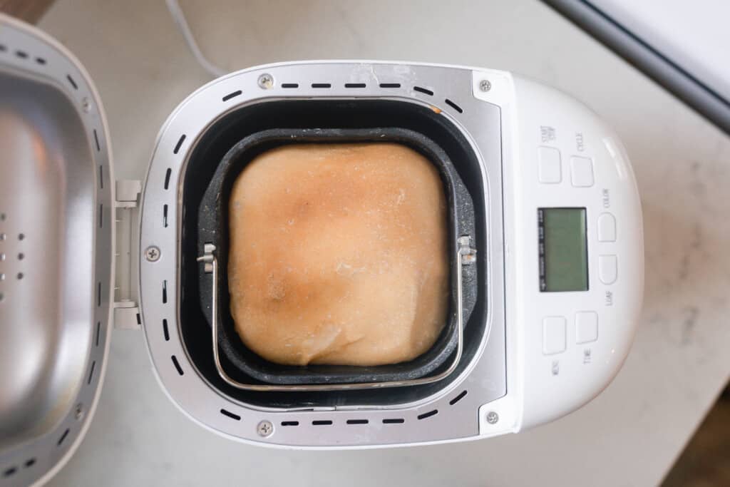 overhead photo of sourdough bread baked in a bread machine