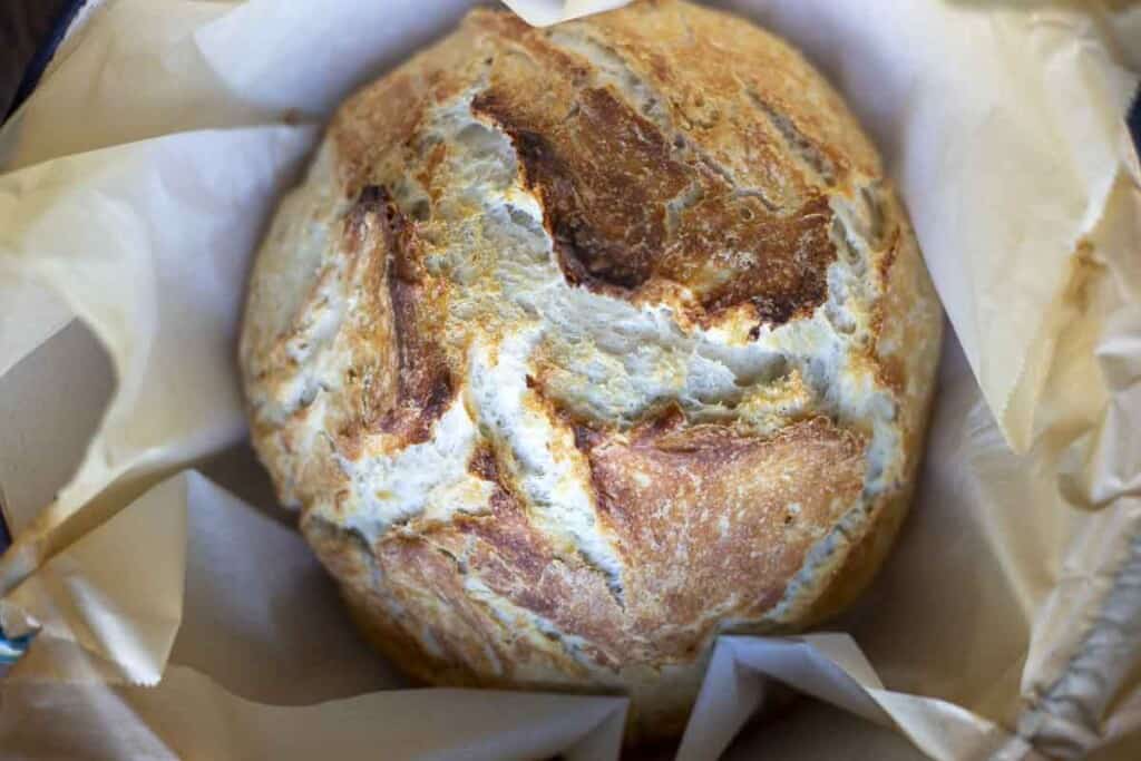 overhead photo of crusty sourdough discard bread in a parchment line dutch oven