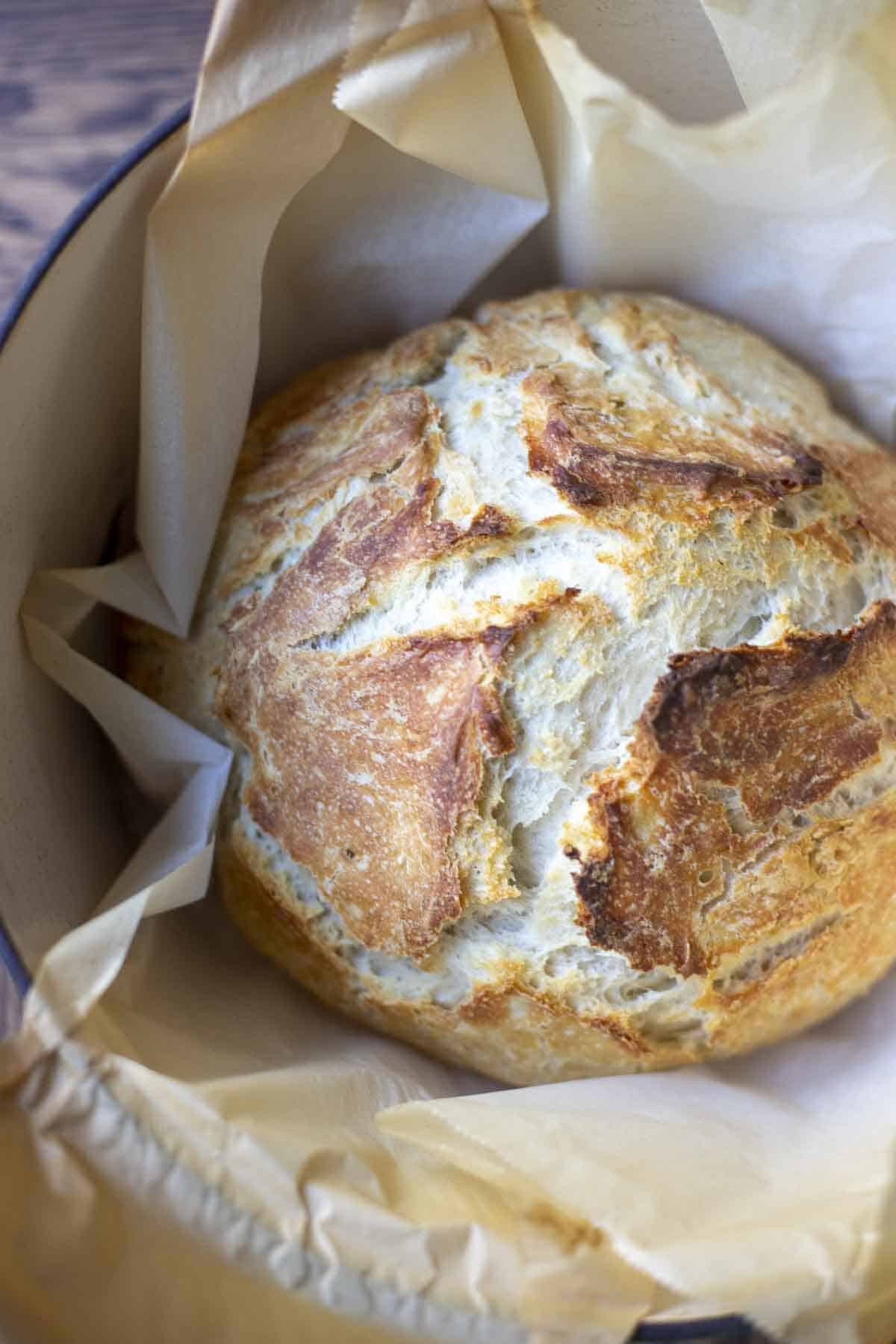 overhead photo of a boule of sourdough discard bread in a parchment lined dutch oven