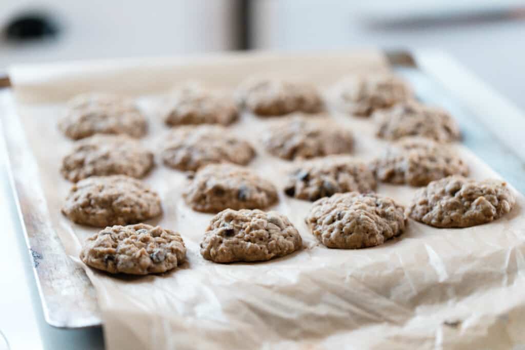 sourdough oatmeal raisin cookies fresh out of the oven on a parchment lined baking sheet
