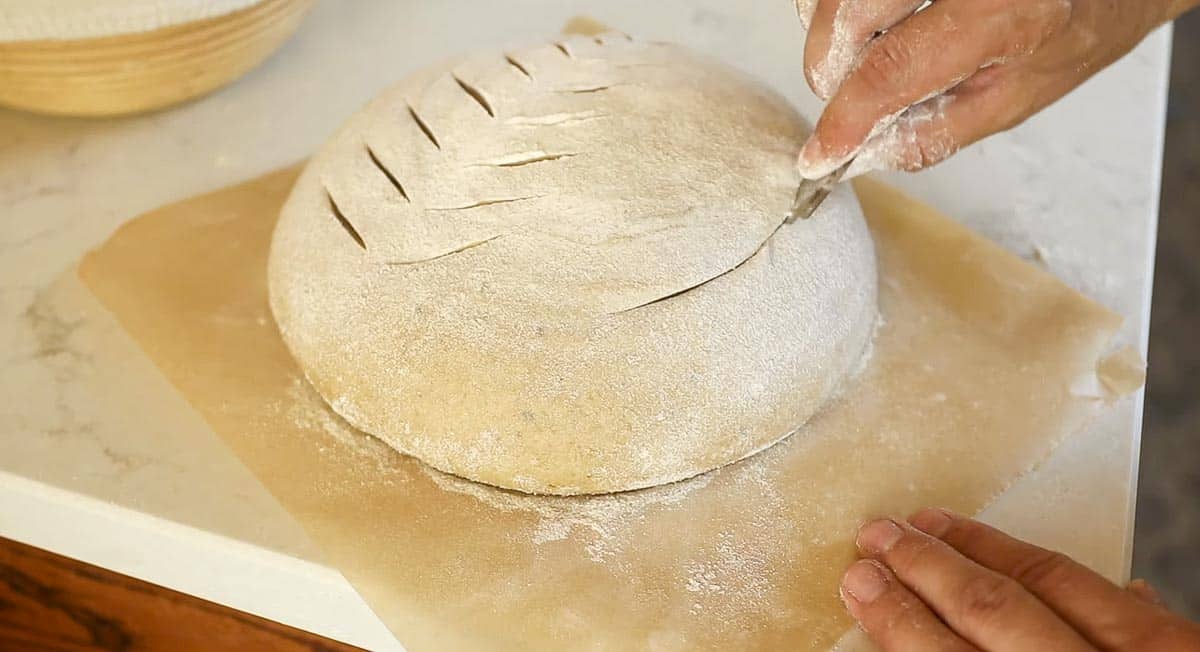 scoring a boule of sourdough eye bread on parchment paper.