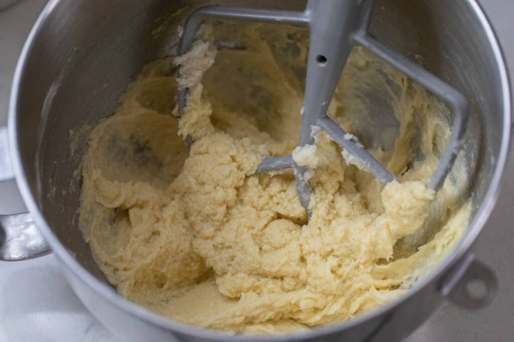 butter and sugar whipped together until light and fluffy in a stand mixer with paddle attachment 