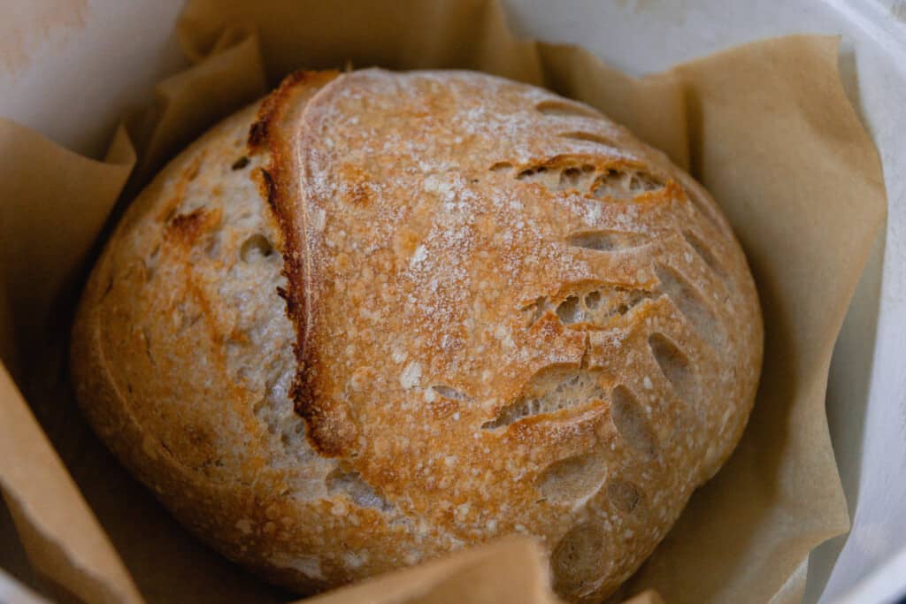 a dutch oven lined with parchment paper with a loaf of spelt sourdough bread inside