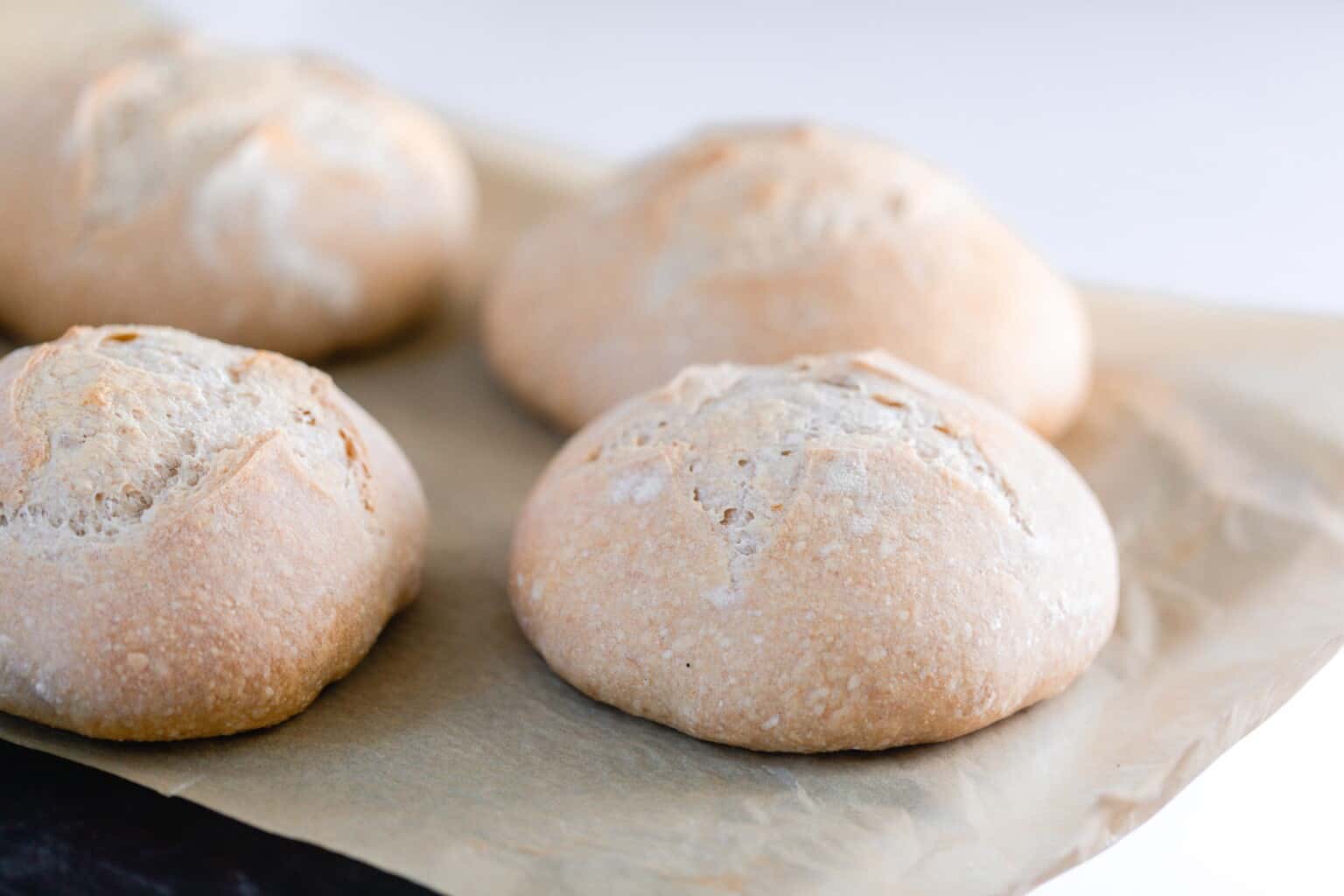 four small sourdough bread boules on parchment paper