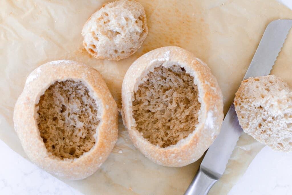 sourdough bread bowls with the insides scooped out