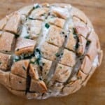 sourdough pull apart bread on wooden counter