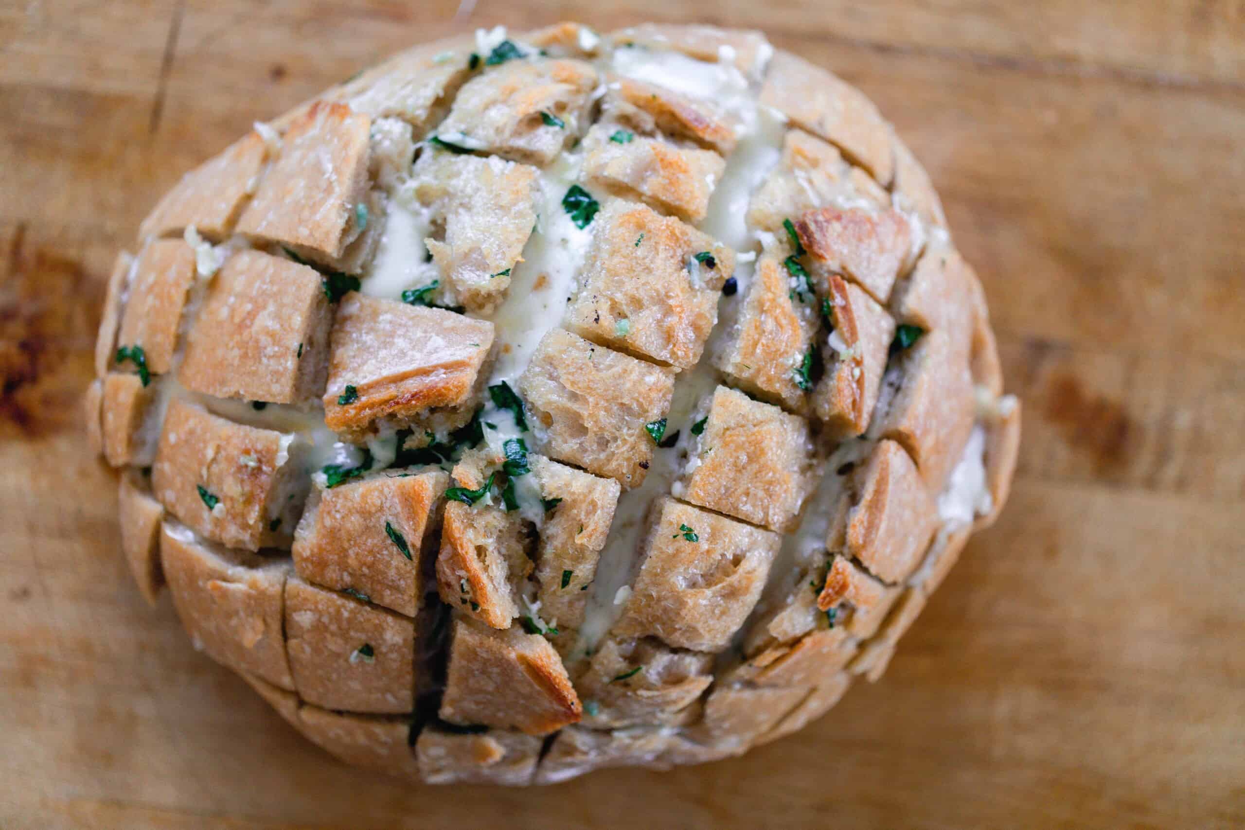 sourdough pull apart bread on wooden counter