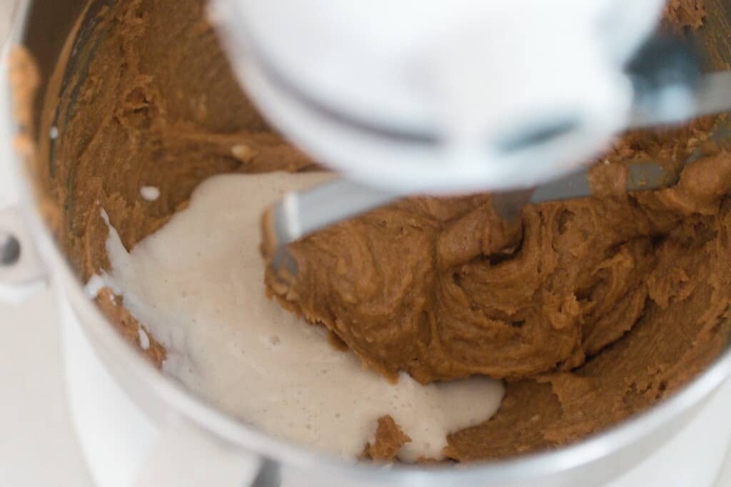 sourdough starter added to liquid ingredients in a stand mixer bowl