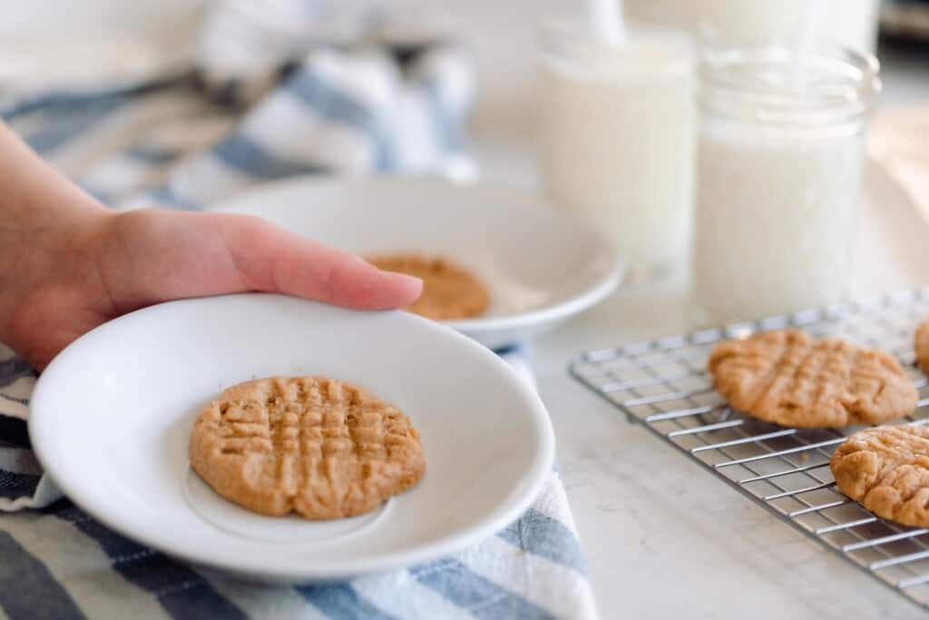 hand holding a white plate with a chewy peanut butter cookies over a countertop with more cookies and milk on the counter