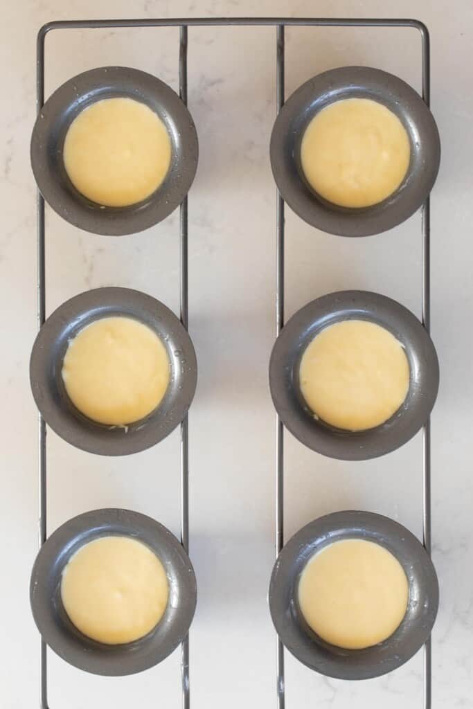 aerial view of the sourdough popover batter in a popover pan