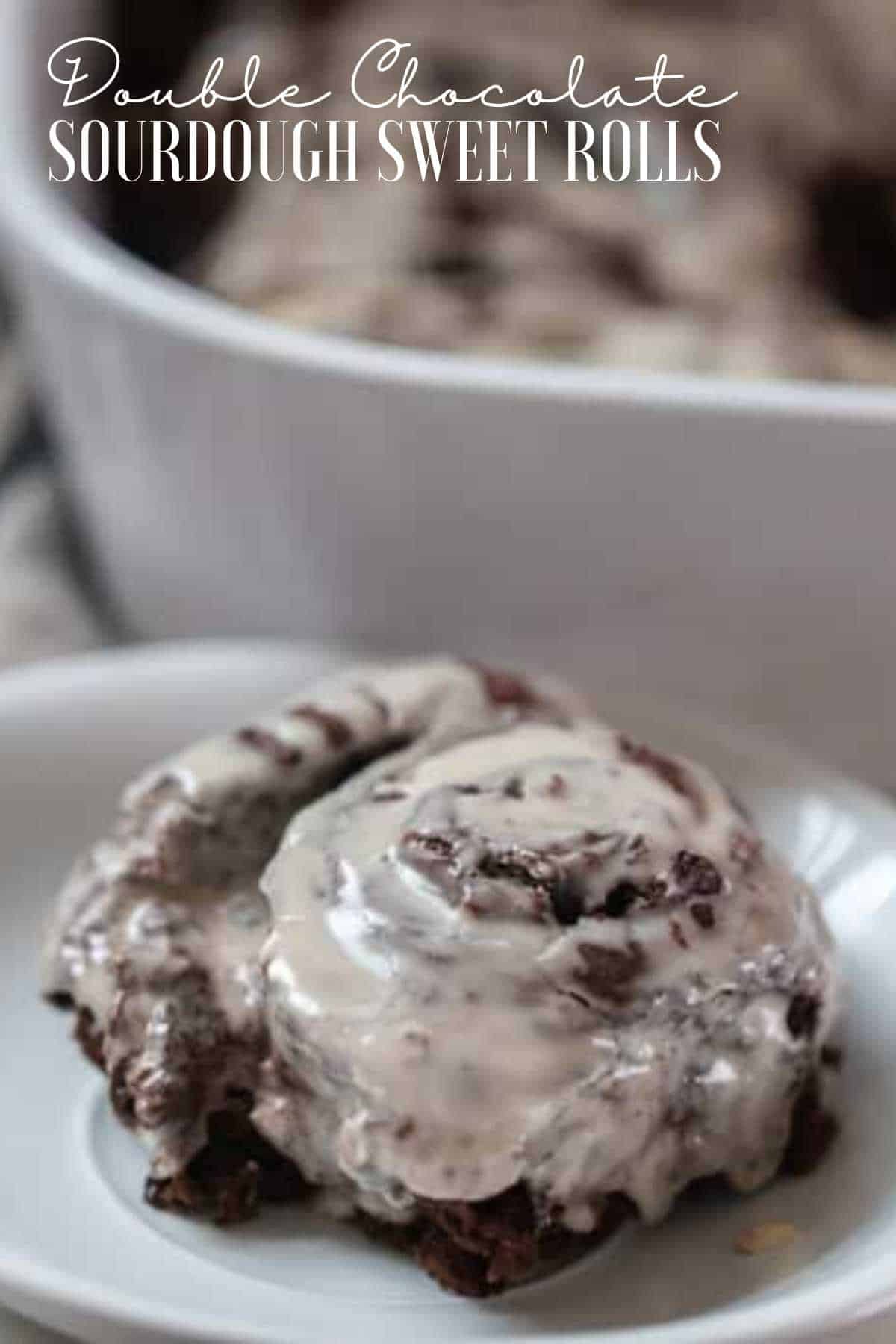 close up picture of a double chocolate sourdough sweet roll with vanilla icing on a white plate with a baking dish in the background