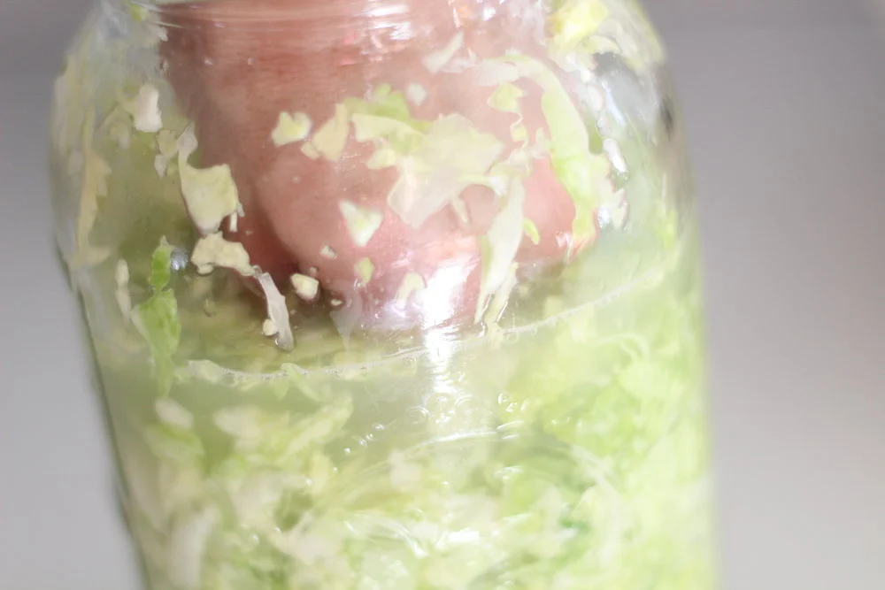 pressing cabbage and brine into a mason jar with hands