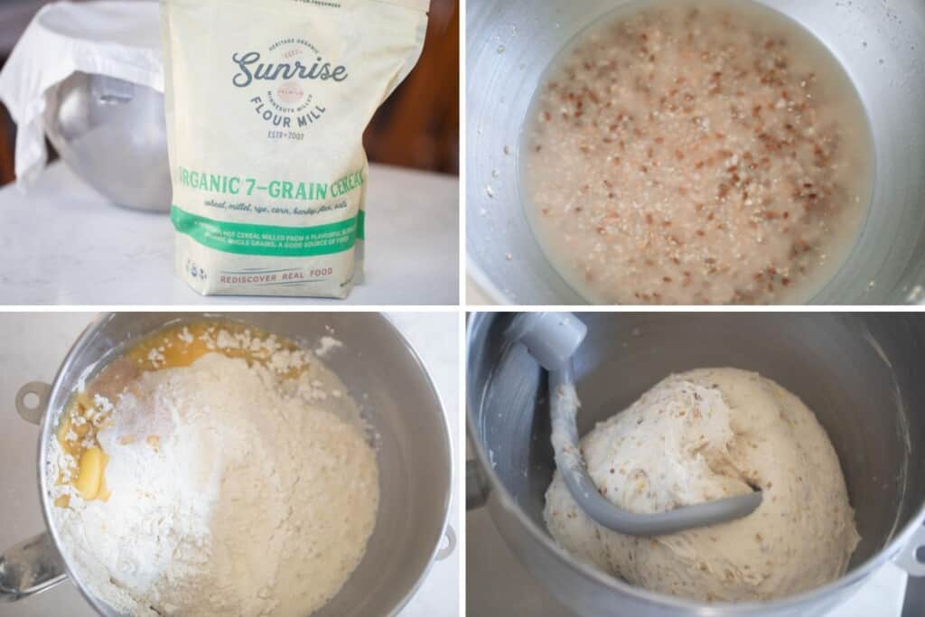 four process pictures of creating multigrain sourdough bread in a stand mixer. First picture of a package of multigrain cereal. Top right: soaking multigrain cereal in water. Bottom left: adding remaining ingredients to the cereal in a stand mixer bowl. Bottom right: Kneaded multigrain bread dough