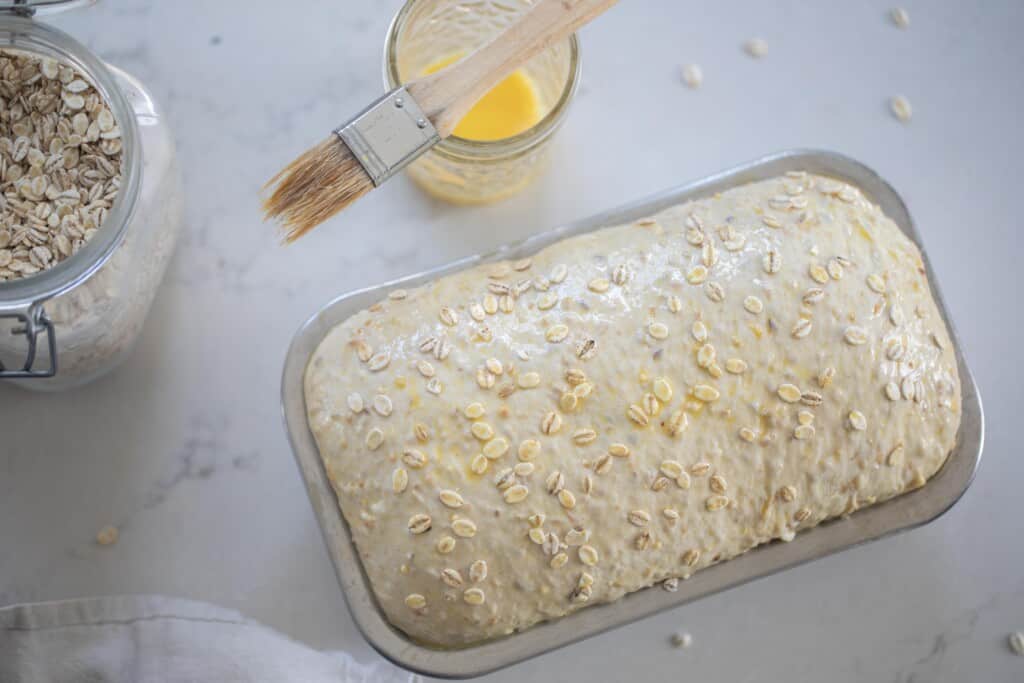 unbaked loaf of sourdough multigrain bread in a loaf pan with a little jar of egg wash with a pastry bush on top behind the loaf