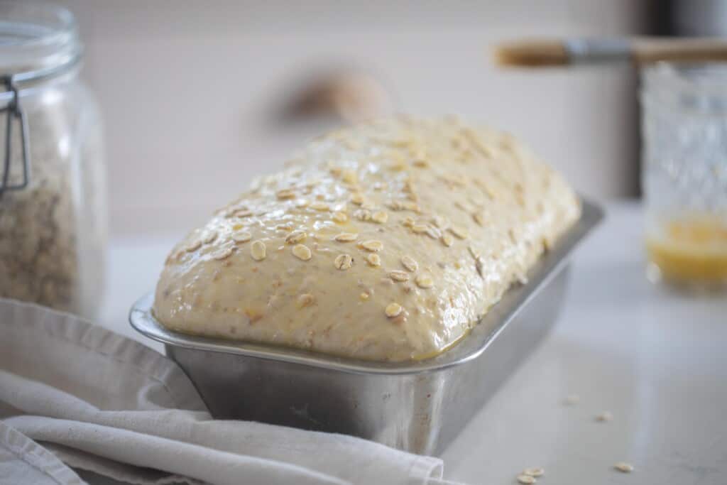 sourdough multigrain bread dough after the second rise in a loaf pan on a white countertop with jars surrounding the loaf