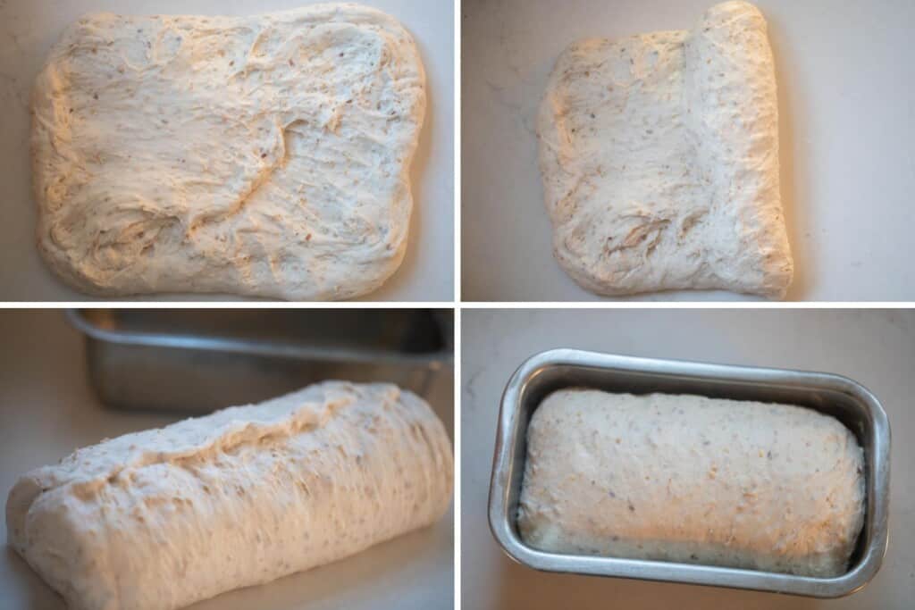 Four process photos of shaping sandwich bread. Top right: dough rolled into a rectangle. Top left: rolling dough up. Bottom left: dough rolled up into a loaf shape. Bottom right: Dough in a loaf pan