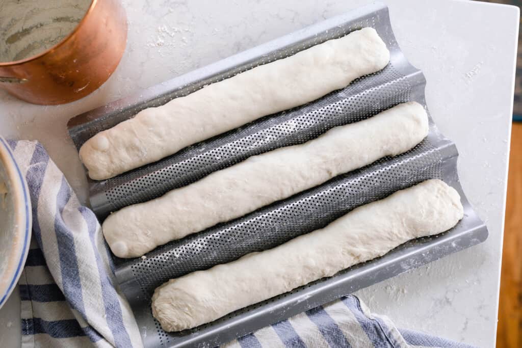 sourdough baguettes in a sourdough baguette mold ready to rise