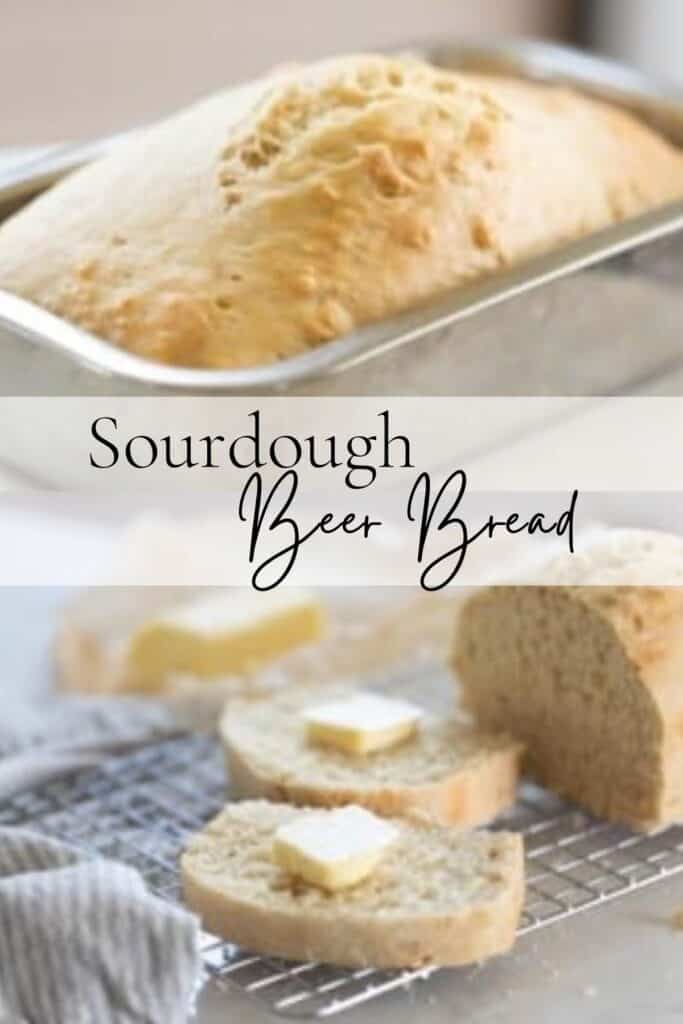 Two images of sourdough beer bread. One with the loaf still in the pan freshly baked and the other cut into slices with butter. 