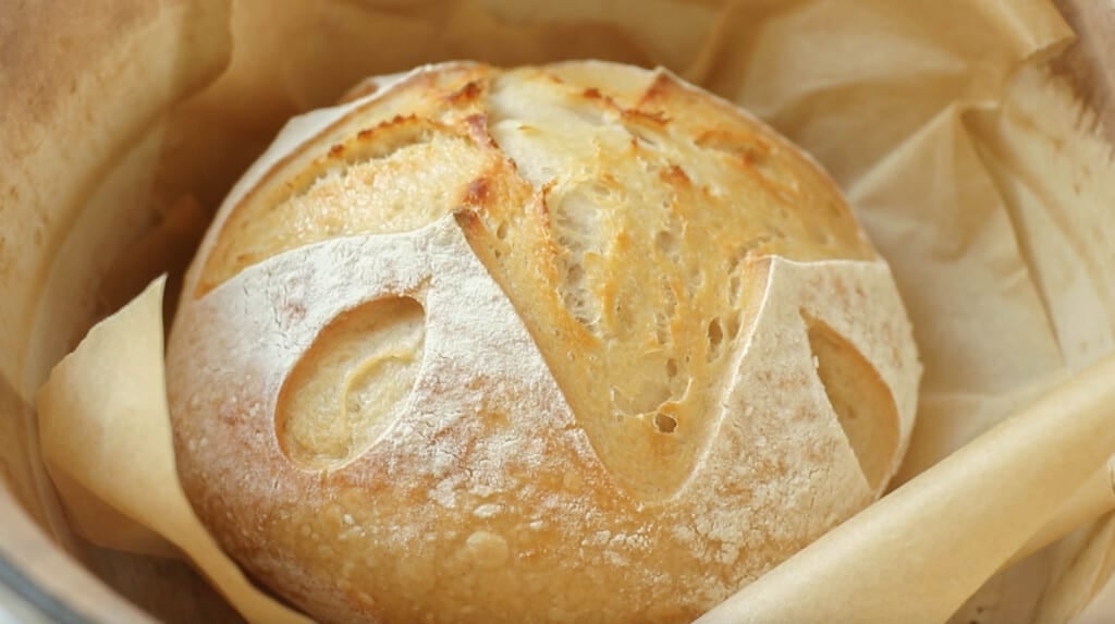 a sourdough boule with a star pattern in a parchment lined dutch oven
