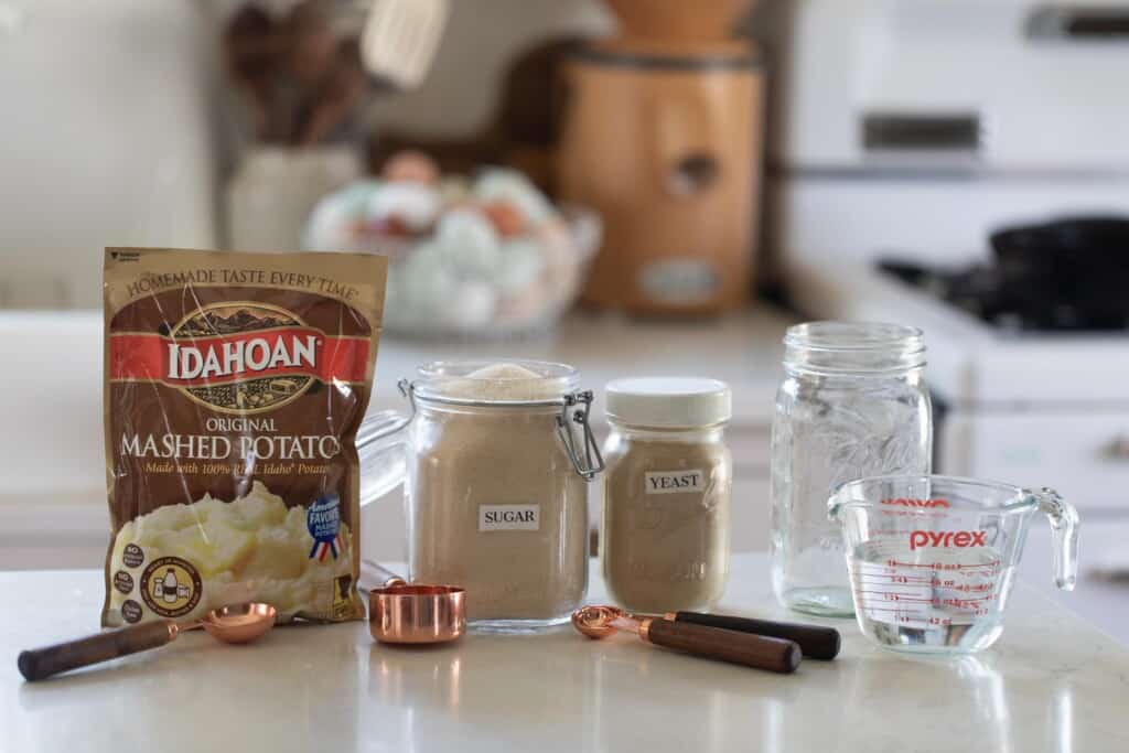 potato flake sourdough starter ingredients lined up with an empty glass jar and measuring spoons on a white counter