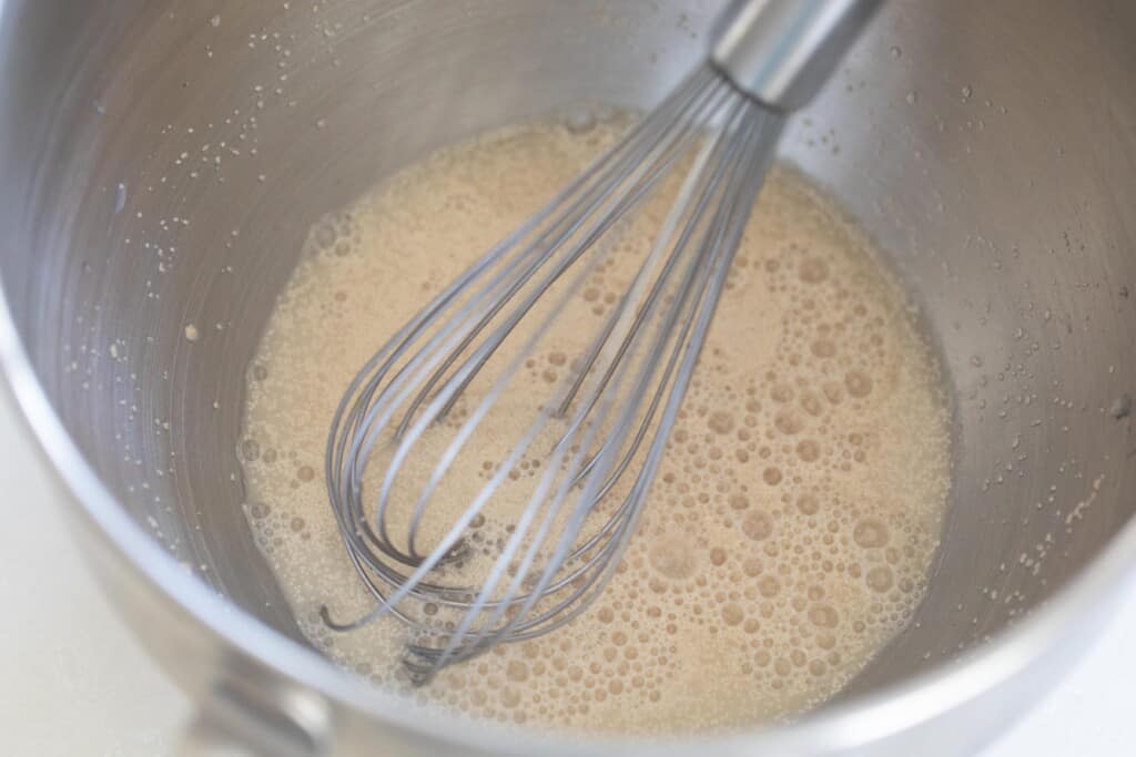 yeast and warm water in a stainless mixing bowl