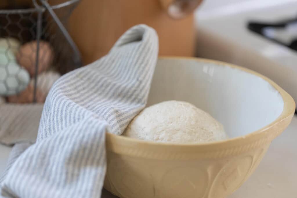 bagel dough in a bowl with a tea towel